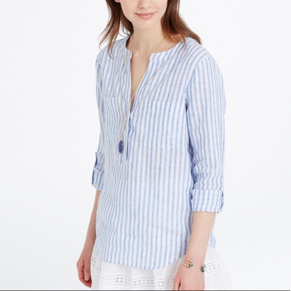 Ann Taylor Tops - Ann Taylor 100%LINEN Blue White Striped Top Sz S